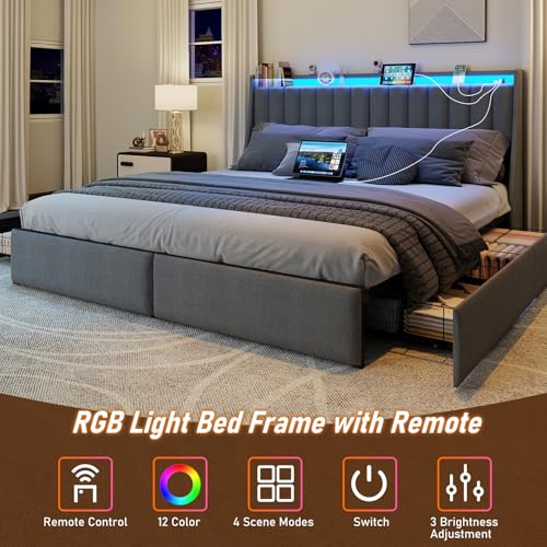 SADENICEL King Size Bed Frame with 4 Storage Drawer, King Bed Frame, Grey | Headboard with Charging Station and LED Lights, Metal Platform Bed with Storage Shelf, Noise Free, No Box Spring Needed - size: King, style: Channel Tufted & 4 Storage Drawers