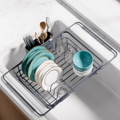 Sakugi Extendable Dish Drying Rack Over Sink with Dish Drainer, Sink Organization and Storage Essentials with Silverware & Utensil Holder, Home and Apartment Decor, 12" W x 16.1~23" L, Gray - color: Gray, size: EXtendable - 12"W X 16.1~23"L