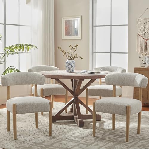 VKNOW Wooden Dining Chairs Set of 4 with Rubberwood Legs, Curved Backrest | Modern Upholstered Dining Chairs with Thickened Cushion, Soft Chenille Fabric, for Dining Room/Kitchen, Heathered Off-White - color: Heathered Off-white, size: Set of 4