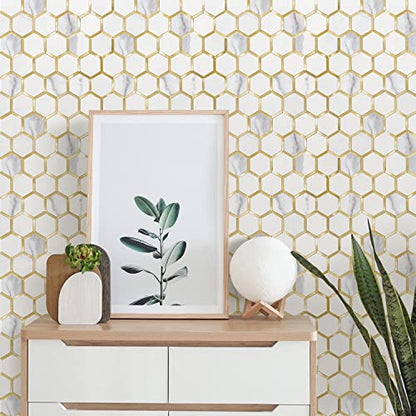 STICKGOO Hexagon Peel and Stick on Backsplash for Kitchen and Bathroom, White Marble Look PVC Mixed Metal Gold Self Adhesive Metal Mosaic Tiles(10 Sheets, Seamless) - color: White Marble with Metal Gold