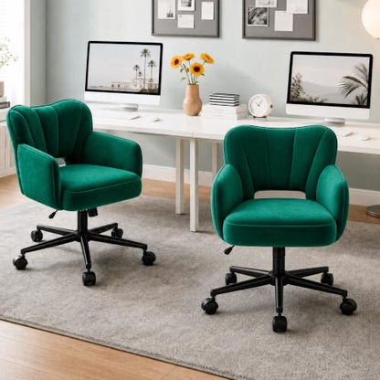 DurayLoly Desk Chair with Shell Back & 360° Swivel Wheels | Comfy Velet Vanity Chair,Adjustable Height,Stylish and Comfortable for Makeup, Work & Relaxation,Dark Green - color: Dark Green