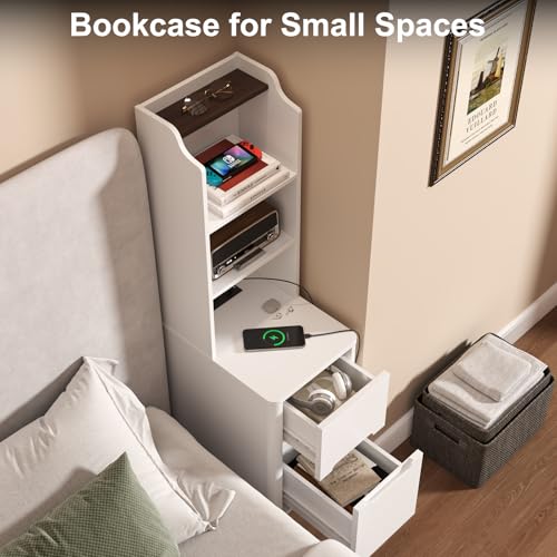 Tall Nightstand with Charging Station, Narrow Side Table with Bookshelf | 47" Tall Free Standing Wooden Night stand with 2 Drawers and 4 Open-Shelves, Modern End Bedside Table for Bedroom, White - color: White, size: Tall (2 drawer)