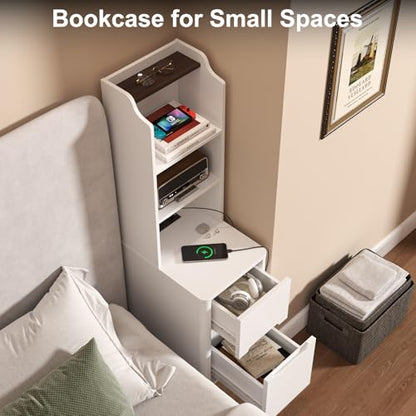 Tall Nightstand with Charging Station, Narrow Side Table with Bookshelf | 47" Tall Free Standing Wooden Night stand with 2 Drawers and 4 Open-Shelves, Modern End Bedside Table for Bedroom, White - color: White, size: Tall (2 drawer)