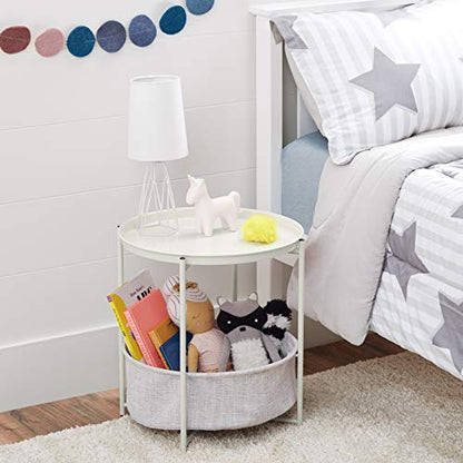 Amazon Basics Round Storage End Table, Nightstand with Cloth Basket, Bedside Table, White/Heather Gray, 17.7" L x 17.7" W x 18.9" H - color: White