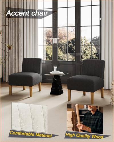 VIRRMO Armless Accent Chairs Set of 2 for Living Room, Modern Slipper Chair Living Room Chairs with Solid Wood Legs, Makeup Vanity Chair Fabric Comfy Upholstered Arm Chair Accent Chair,Black - color: Black