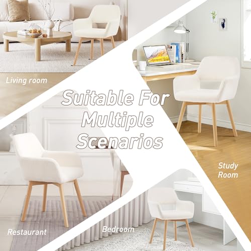 Desk Chair No Wheels Vanity Chair Makeup Chair Comfy Accent Chair for Living Dining Room Bedroom Home Office Mid Century Modern Upholstered Armchair Sofa with Wood Legs (Wool White, 1) - color: Wool White