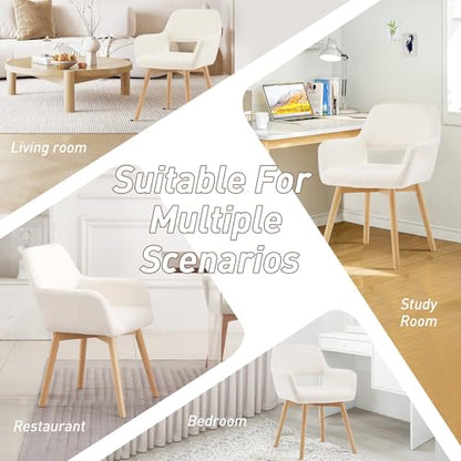 Desk Chair No Wheels Vanity Chair Makeup Chair Comfy Accent Chair for Living Dining Room Bedroom Home Office Mid Century Modern Upholstered Armchair Sofa with Wood Legs (Wool White, 1) - color: Wool White