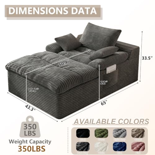 66" Oversized Chaise Lounge Chair Indoor, Modern Upholstered Deep Seat Sofa Bed, Sleeper Couch Reading Chairs, Comfy Corduroy Cloud Sofas Couches for Living Room, No Assembly, Dark Gray - color: Dark Gray, size: 66"