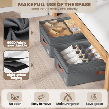Under Bed Storage with Wheels, 2Pack 71L Under the Bed Storage Containers | Adjustable Underbed Drawer with Lids, Underbed storage Rolling Bin for Shoes, Clothes, Blankets, Grey - size: 8.5-11.5 inch height-grey