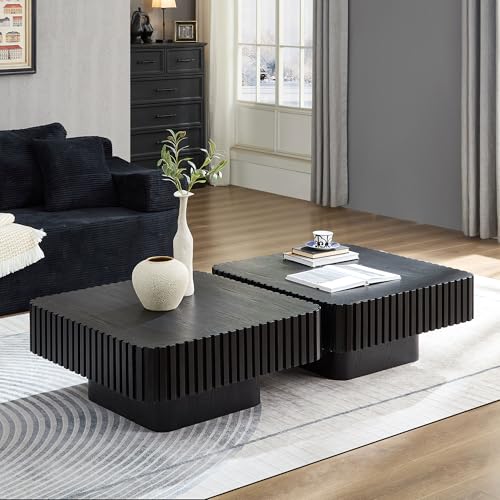 JUSTONE 35-inch Mid-Century Modern Drum Coffee Table, Handcrafted Wood Round Center Table for Living Room, Home Office, Black - color: 35.43'' Round - Black
