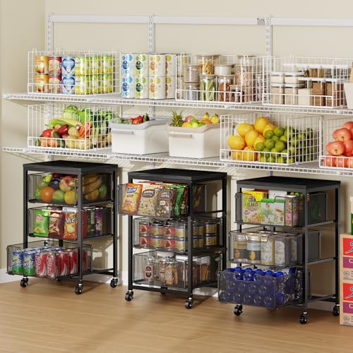 Pantry Organizer and Storage Cart, 3-Tier Kitchen Storage Cart with Drawer, Fruit Vegetable Storage Cart with Wheels, Wooden Top Metal Wire Kitchen Organizer Rack Stand for Food Snack Onion Potato - size: 3-Tier Black