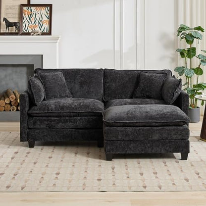 76.7” Oversized Black Loveseat Sofa, 2 Seater Large Sectional Couches for Living Room, Chenille Fabric Modular Sectional Sofa with 1 Ottoman, Deep Seat Home Sofas Set, Love Seat Couches - color: Black, size: 2 Seater + 1 Ottoman
