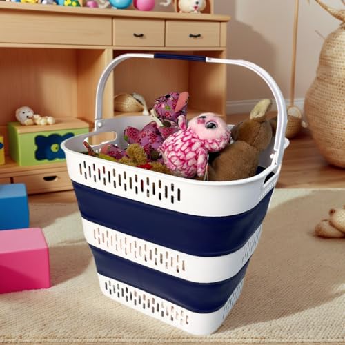 SAMMART 38L (10 Gallon) Collapsible Plastic Laundry Basket - Portable Pop-Up Storage Container/Organizer – Foldable Space Saving Laundry Hamper (2, White/Starry Blue) - color: White/Starry Blue