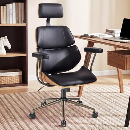 Mid Century Walnut PU Leather High Back Office Chair with Headrest, Black | Curved walnut back & seat, high-back with headrest, PU leather, padded armrests, executive swivel & rolling for home office - color: Black, size: 2-Section Back / Headrest