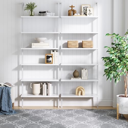 Nathan James Theo 6-Shelf Tall Modern Bookshelf, Wall Mount Ladder Shelf Bookcase with White Wood and Industrial Metal Frame, Matte White/White, Set of 2 - color: White, size: Set of 2