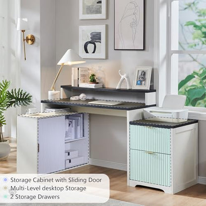 Modern L Shaped Desk with Storage Cabinet & Drawers, Wood Home Office Desk with Power Outlets, Fluted Computer Writing Desk - color: Antique White, size: 33"D x 67"W x 35.5"H
