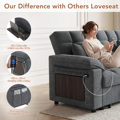 Vipbear Sleeper Sofa Bed, 70" Pull Out Futon Couch with Small Table| USB Port | Side Pockets | Tool-Free Assembly | Adjustable Backrest for Apartment, Office, Guest Room, Chenille Gray - color: Grey