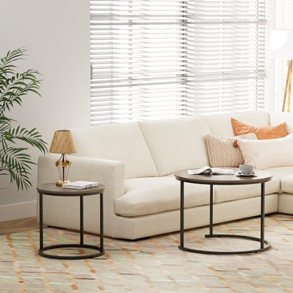 Nesting Coffee Table, 23.6" Round Coffee Table Set of 2, Wooden Nesting Table Set with Metal Frame, Side Tables for Living Room Bedroom Balcony, Brown - color: Brown