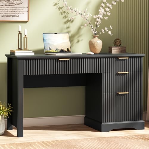Vabches Fluted Executive Desk with Drawers, Wood Computer Desk with Ample File Drawer, Home Office Desk with Storage for Study, Bedroom, Living Room, Black - color: Black, size: 47.24"W x 19.69"D x 30.83"H