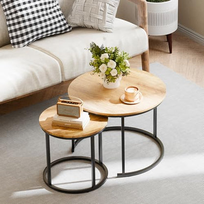 Nesting Coffee Table, 23.6" Round Coffee Table Set of 2, Wooden Nesting Table Set for with Metal Frame, Side Tables for Living Room Bedroom Balcony, Brown - color: Natural Brown