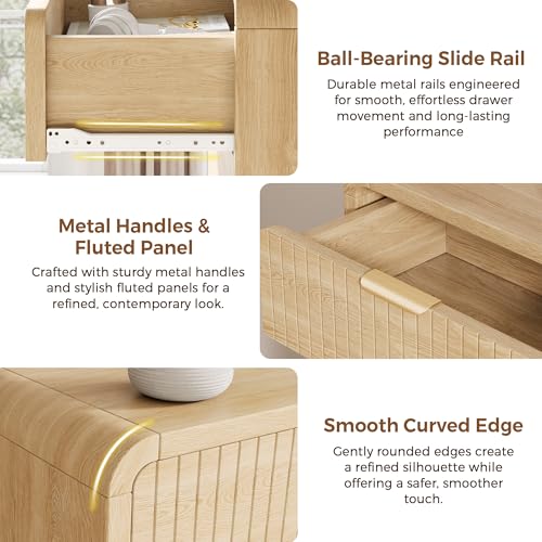 Jocoevol Fluted 5 Drawer Dresser, 43" Tall Dresser Chest of Drawers Curved Profile Design, Wood Mid Century Vertical Dresser Natural Texture for Bedroom, Natural Oak Dresser