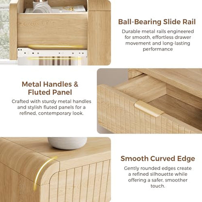 Jocoevol Fluted 5 Drawer Dresser, 43" Tall Dresser Chest of Drawers Curved Profile Design, Wood Mid Century Vertical Dresser Natural Texture for Bedroom, Natural Oak Dresser