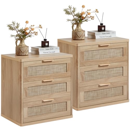 LEYAOYAO Rattan 23" Nightstands with Drawers for Bedroom | Gold Metal Handle, Storage Shelf, Oak Night Stand, Boho Bedside Table, Bed Side End Tables Living Room, Hallway - color: Natural Wood, size: 3 Drawers