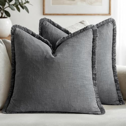 MIULEE Boho Linen Fringe Decorative Throw Pillow Covers Grey 18x18 | Set of 2, Cottagecore Decor, Boho Farmhouse Neutral Pillow Covers, Rustic Couch Cushion Cases for Sofa Bed Living Room - color: Grey, size: 18" x 18" (Pack of 2)