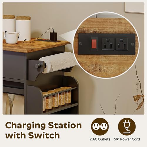 Kitchen Island with Storage, Mobile Kitchen Cart with Charging Station, Kitchen Island on Wheels, Rolling Island Table with Sliding Cabinet Door, Black and Rustic Brown ZD01UBR - color: Rustic Brown + Black