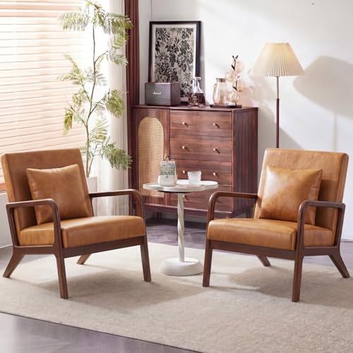 Mid Century Accent Chair with Solid Oak Frame & Faux Leather, Brown | Upholstered Lumbar Pillow Lounge Chair Brown Faux Leather Cozy Leisure Chair Retro Living Room Chair for Bedroom Waiting Room - color: Walnut Wood - Pu Brown, style: 1 PCS