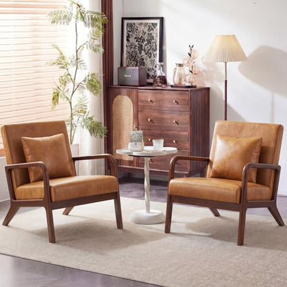 Mid Century Accent Chair with Solid Oak Frame & Faux Leather, Brown | Upholstered Lumbar Pillow Lounge Chair Brown Faux Leather Cozy Leisure Chair Retro Living Room Chair for Bedroom Waiting Room - color: Walnut Wood - Pu Brown, style: 1 PCS