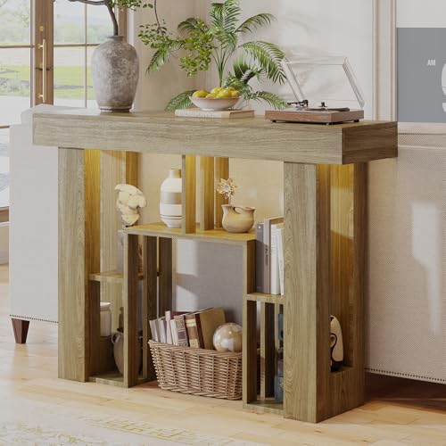 43.3" Console Table with Charging Station & USB-C Port, Behind Couch Sofa Table with LED Lights Narrow Entryway Table for Entrance Living Room Hallway Foyer, Oak - color: Oak
