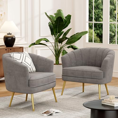 Velvet Accent Chair Set of 2, Barrel Armchair, Grey | Velvet Upholstery, Golden Metal Legs, Comfy Barrel Back, Modern Style, Living Room Bedroom Office - color: Grey, size: 2 Chairs
