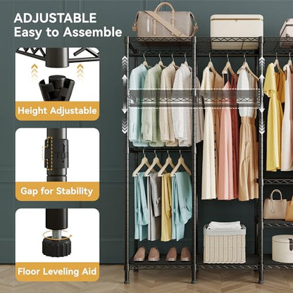 Higeego H5 Heavy Duty Clothes Rack, Black Clothing Rack for Hanging Clothes | 93.3"Wx15.7"Dx75.4"H, Large Garment Rack, Freestanding, Wardrobe Closet with Adjustable Shelf, Load 1400 lbs - color: Black