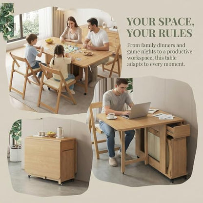 Folding Dining Table Set with 6 Chairs, Mobile Solid Wood Expandable Table, Space-Saving Drop Leaf Table, Multi-Functional Kitchen Island Cart for Small Apartment, Dining Room - 1.4m