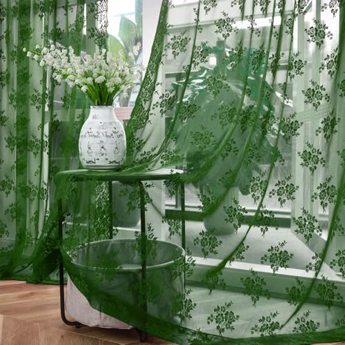 Kotile Emerald Green Sheer Curtains for Living Room 52 x 80 Inch, 2 Panels | Rod Pocket, Delicate Knitted Texture, Diffused Window Light, Refined Botanical Depth, Classic Full-Length Look, Privacy - color: Embrald Green, size: 52"W x 80"L (Pack of 2)