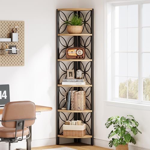 Tribesigns 6-Tier Corner Shelf | Industrial 70.9" Rustic Corner Bookshelf for Living Room, Wooden Shelving Storage Rack for Bedroom, Bathroom, Kitchen,Natural - color: Natural