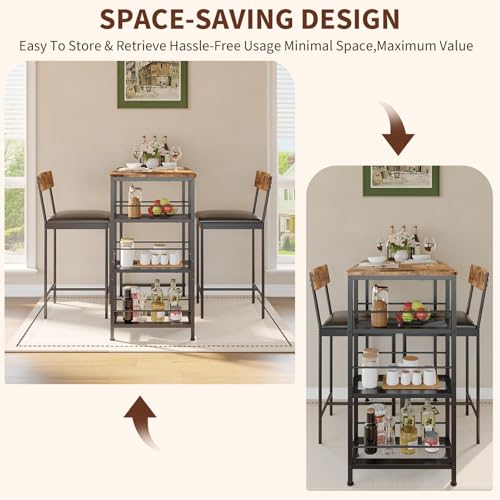 GarveeLife Dining Table Set for 2, Counter Height Bar Table Set with Storage ＆ Stools, High Top Pub Table and Chairs for Kitchen, Dining Room, Sofa Side, Apartment, Breakfast Nook - color: Brown