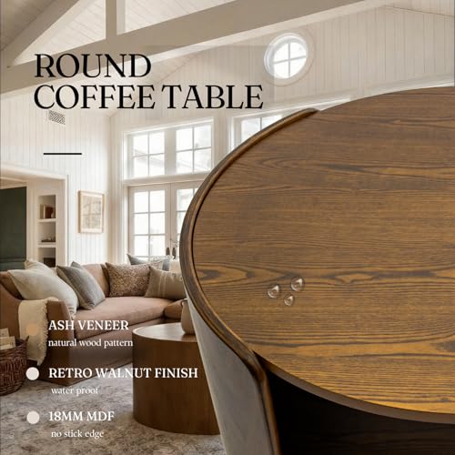 Walnut Round Coffee Table, 2-Tier 31.5" Open Storage Modern Center Table | Mid Century Wooden Circle Coffee Table with Shelf & Curved Wood Legs for Living Room, Home Office, Reception Room, Apartment - color: Walnut