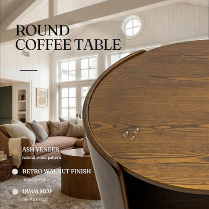 Walnut Round Coffee Table, 2-Tier 31.5" Open Storage Modern Center Table | Mid Century Wooden Circle Coffee Table with Shelf & Curved Wood Legs for Living Room, Home Office, Reception Room, Apartment - color: Walnut