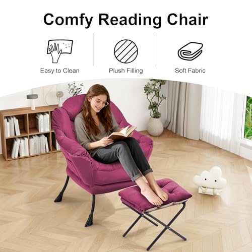Lazy Chair with Ottoman Comfy Accent Lounge Chair with Side Pocket Cozy Chair Modern Reading Armchair with Footrest Upholstered Sofa Chair for Small Spaces Living Room Dorm Bedroom WineRed - color: Winered