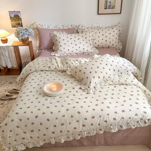 MKXI Twin Size Floral Duvet Cover Set - 3 Piece White Ruffled Bedding with Red Botanical Blooms, 100% Cotton Soft Comforter Cover & Pillowcases, Romantic Shabby Chic Aesthetic, Zipper Closure - color: 001 Ruffle- Red White Flowers, size: Twin