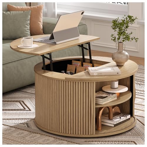 SULIVES Round Coffee Table with Lifting Top, Multifunctional Lift Top Drum Coffee Table with Sliding Door, Small Fluted Center Table for Living Room, Oak - color: Oak_round-lift-top