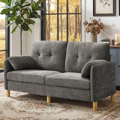 Mid Century Modern Couch, 65" Loveseat Sofa, Light Grey | Storage Pockets, Upholstered Small Loveseat for Small Spaces, Bedroom, Home Office, Apartments - color: Light Grey