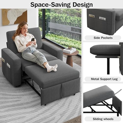 Sunny Heart 40" W Oversized Sleeper Chair Bed, 3-in-1 Convertible Reclining Sofa Chair with Pull Out Couch Bed, Adjustable Backrest, Side Pockets, Cup Holder, USB Ports & Side Table, Basic Dark Grey - color: Dark Grey, size: 40 inch