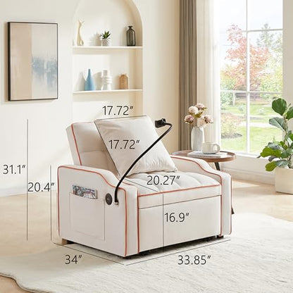 Eafurn Velvet Convertible Sleeper Chair Bed with USB Port & Phone Holder, 3-in-1 Pull Out Sofa Bed Chair, Multi-Functional Chair Bed with Adjustable Backrest & Side Pockets - color: Beige 33.85"
