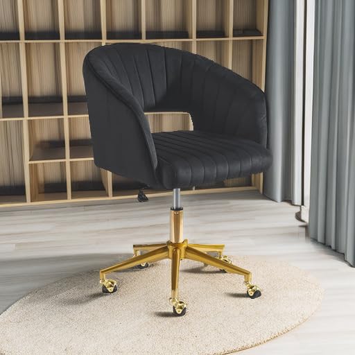 Velvet Office Desk Chair, Upholstered Home Office Desk Chairs with Adjustable Swivel Wheels, Ergonomic Office Chair for Living Room, Bedroom, Office, Vanity Study (Black) - color: Black