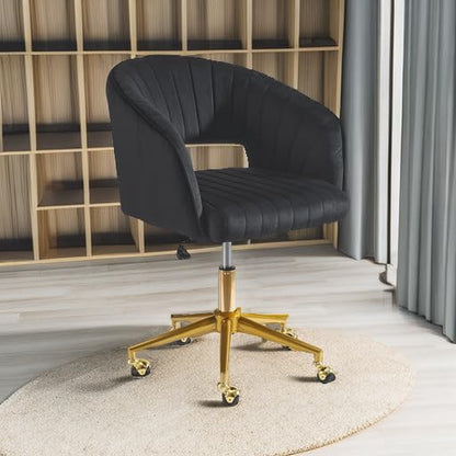 Velvet Office Desk Chair, Upholstered Home Office Desk Chairs with Adjustable Swivel Wheels, Ergonomic Office Chair for Living Room, Bedroom, Office, Vanity Study (Black) - color: Black