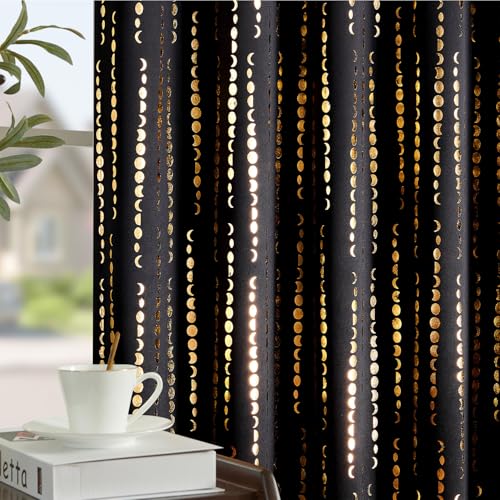 jinchan Boho Blackout Curtains 63 Inch Length Moon Phase Printed Drapes | Gold on Black Farmhouse Curtain for Bedroom Living Room Back Tab Rod Pocket Drapes Room Darkening Window Treatment 2 Panels - color: Luna | Gold on Black, size: 52"W x 63"L (Pack of