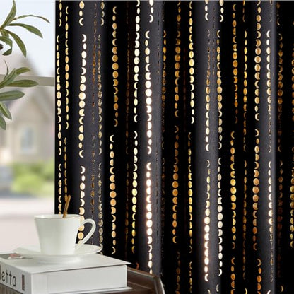 jinchan Boho Blackout Curtains 63 Inch Length Moon Phase Printed Drapes | Gold on Black Farmhouse Curtain for Bedroom Living Room Back Tab Rod Pocket Drapes Room Darkening Window Treatment 2 Panels - color: Luna | Gold on Black, size: 52"W x 63"L (Pack of